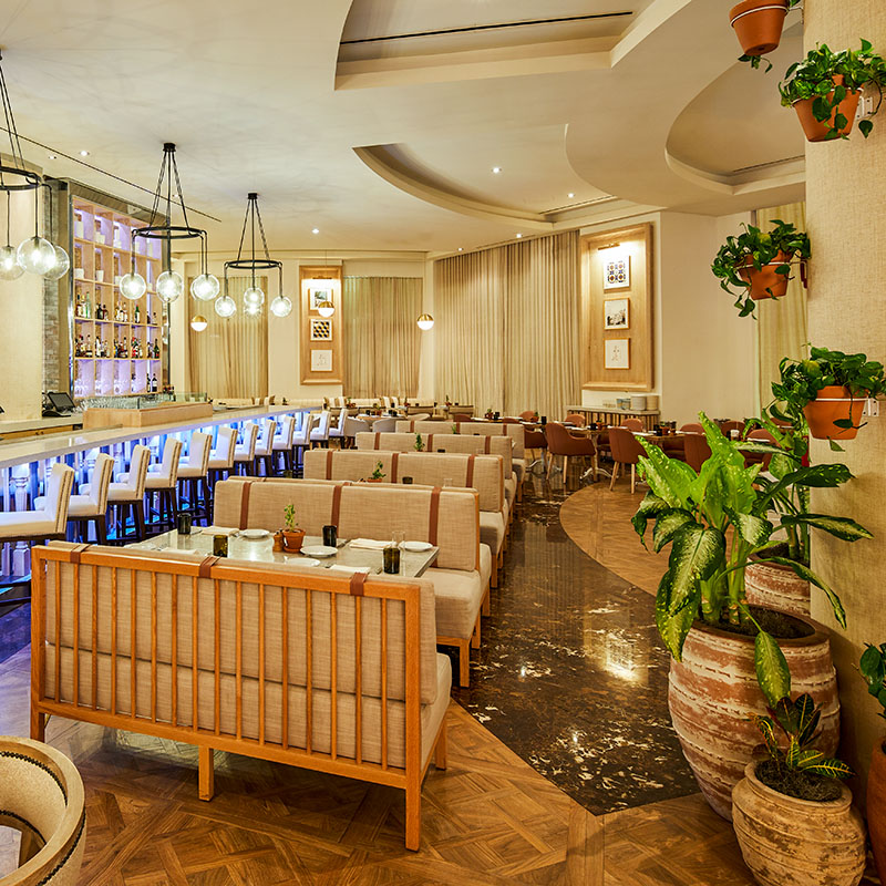 An empty restaurant with closed curtains suggesting it is at night. On the left hand side is a long bar with blue lighting and a row of bar chairs. There are plants and artwork on the walls. The room is brightly lit and would probably fit around 50 guests.